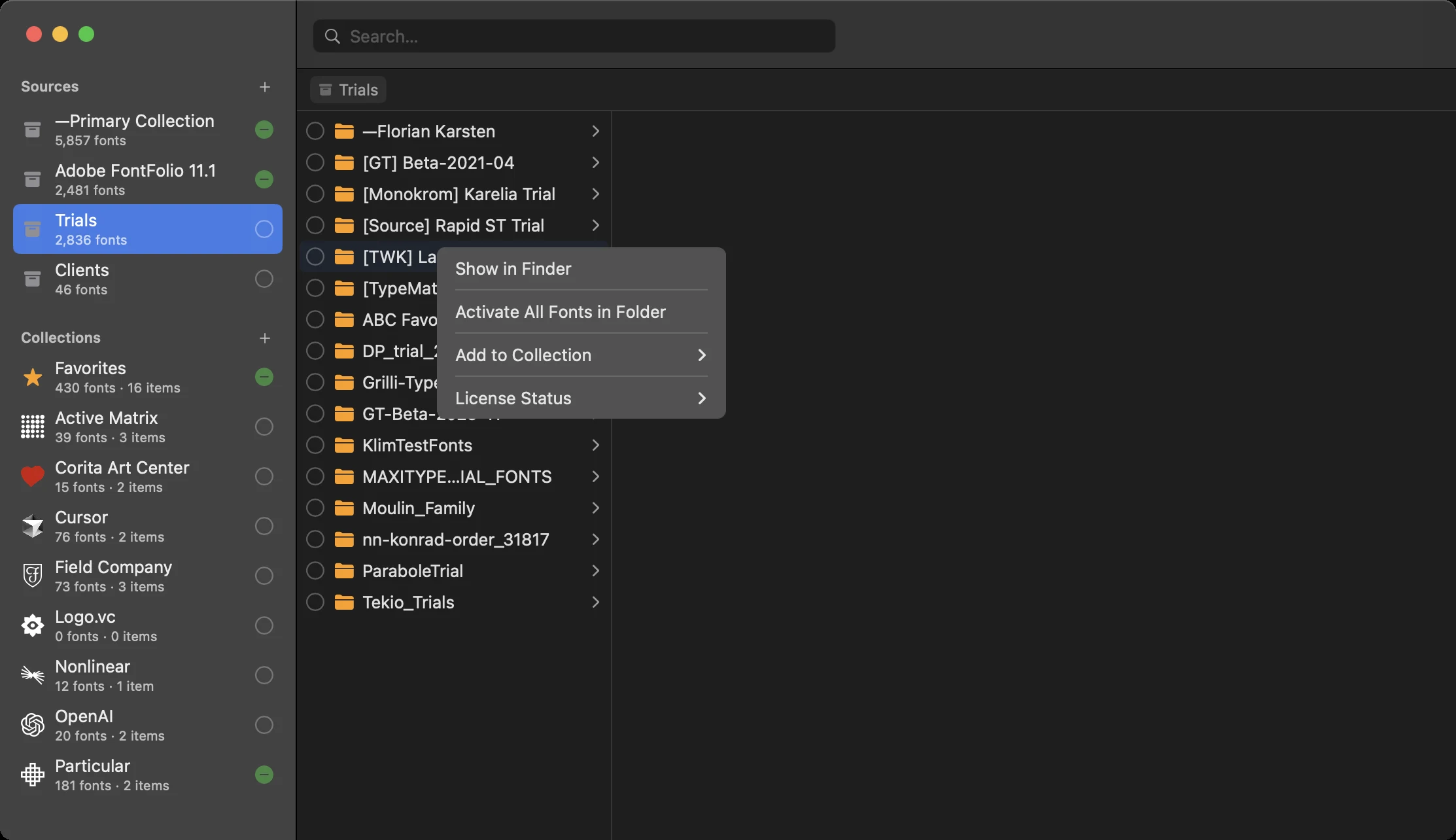 Opening font folder actions